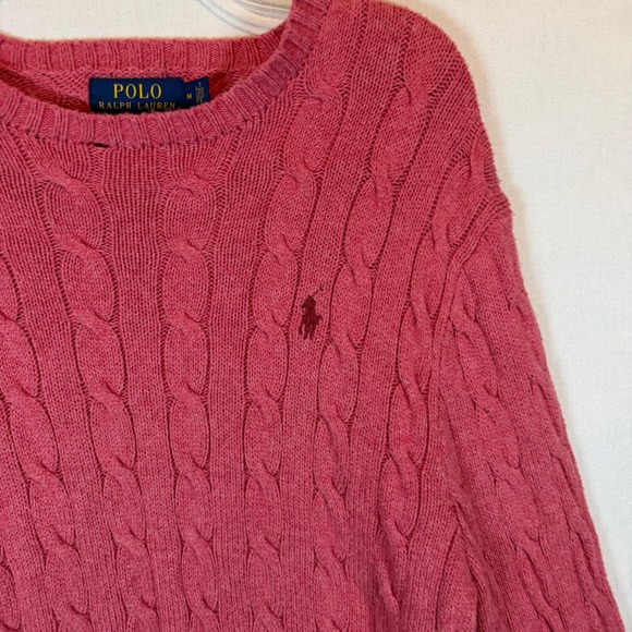 Polo Ralph Lauren Pink Cable Knit Crew Neck Sweater Womens Medium Pony Logo - Picture 8 of 9